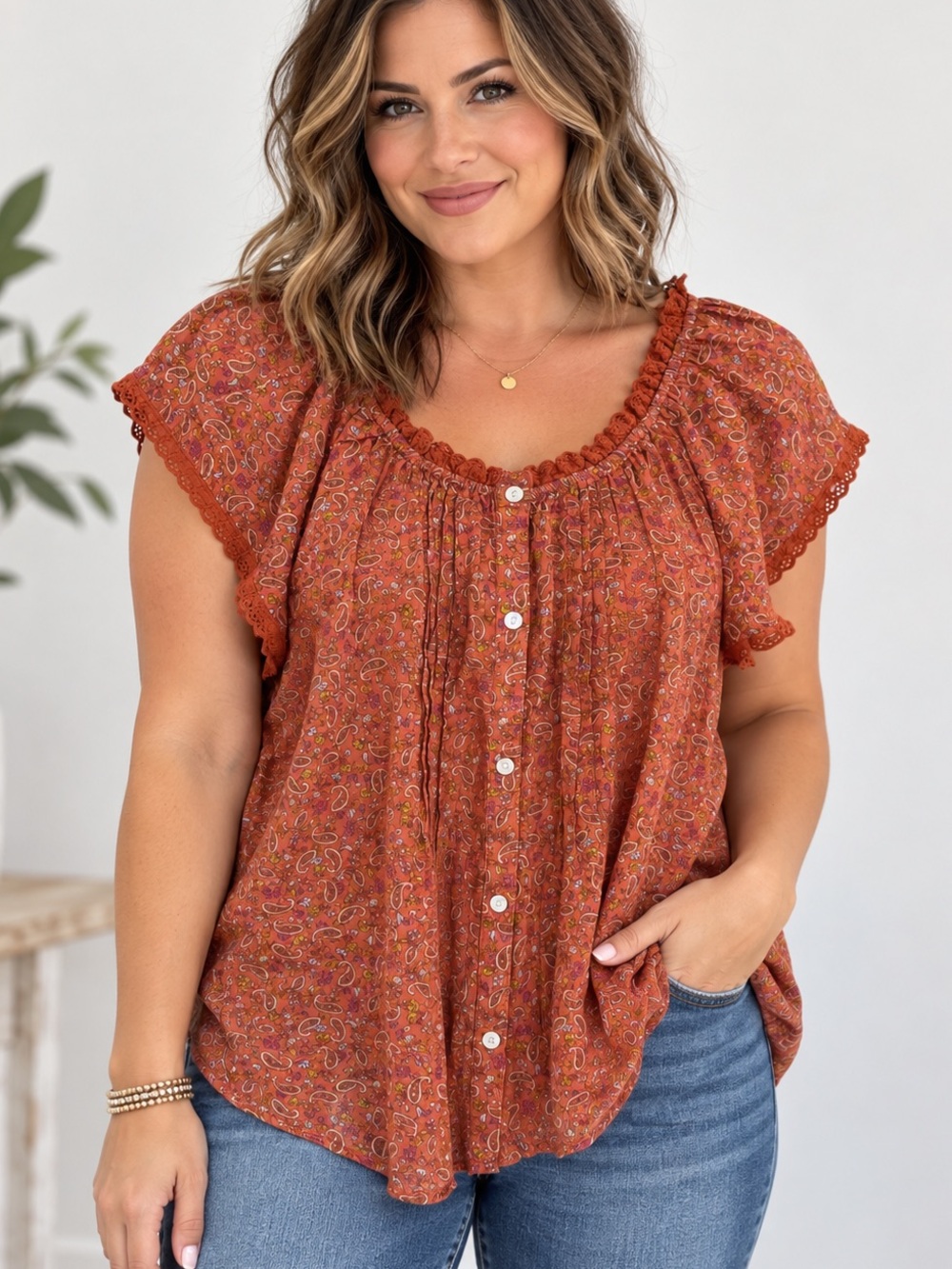 Lucky Brand Orange Paisley Printed Eyelet Trim Details Boho Short Sleeve Top Med